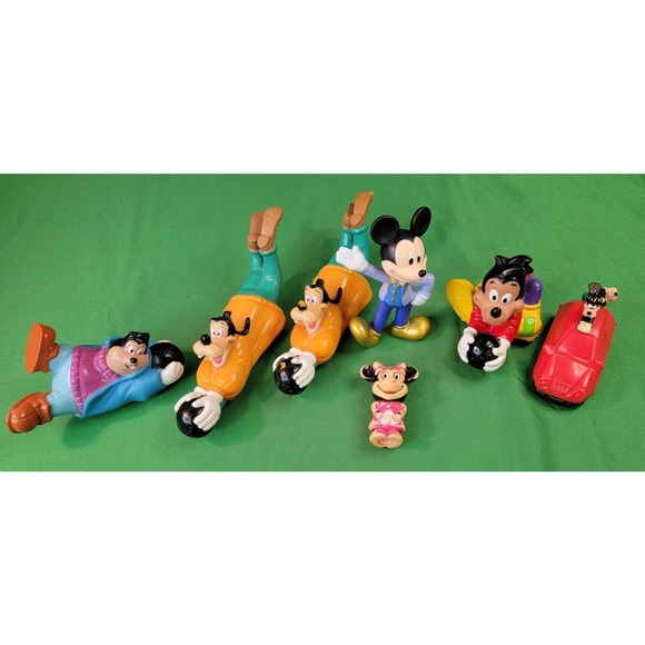Lot Of 7 Mickey Mouse Goofy & Max Red Pull Car Pj Minnie McDonalds Meal Toys - Picture 1 of 12